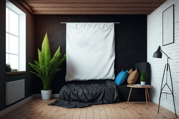 Blank frame on black wall in a hipster bedroom. Template for Design. Mock Up. AI generated