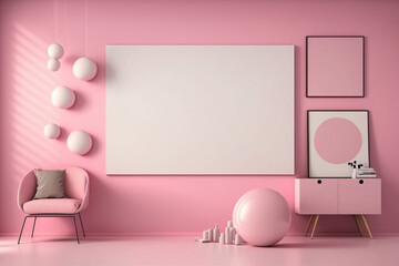 Blank frame on wall in a pink teenager's room. Template for Design. AI generated. Mock Up.