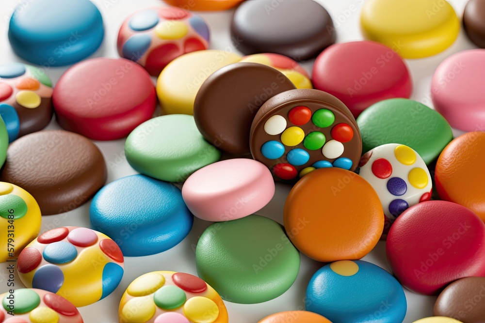 Poster choc button assortment in close up on a white background the white background is covered with a rain