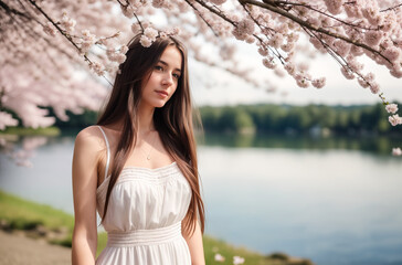 Beautiful cute girl with long hair in a white dress in the spring in a park with a lake where sakura blossoms - Japanese cherry. Generative AI.