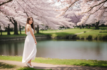 Fototapeta na wymiar A beautiful cute girl with long hair in a long white dress walks in the spring in a park with a lake where sakura blossoms - Japanese cherry. Generative AI.