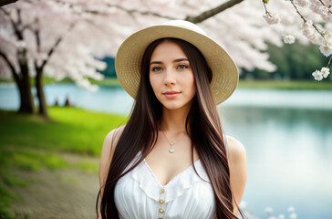 Beautiful cute girl with long hair in a white dress and hat in spring in a park with a lake where sakura blossoms - Japanese cherry. Generative AI.