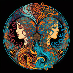 Drawing of the zodiac sign gemini twins in a circle