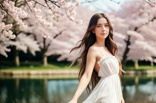 Beautiful cute girl with long hair in a white dress in the spring in a park with a lake where sakura blossoms - Japanese cherry. Generative AI.