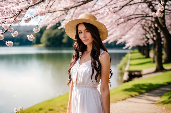 A beautiful cute girl with long hair in a long white dress and a hat walks in the spring in a park with a lake where sakura blossoms - Japanese cherry. Generative AI.