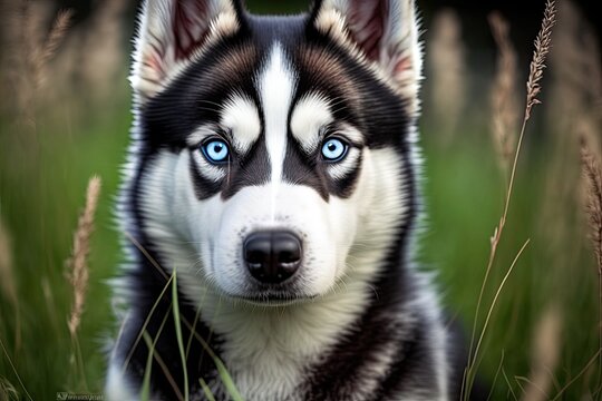 Background of a husky dog on grass. Likeness of a Siberian Husky. A Siberian husky, with blue eyes and black and white fur. Generative AI