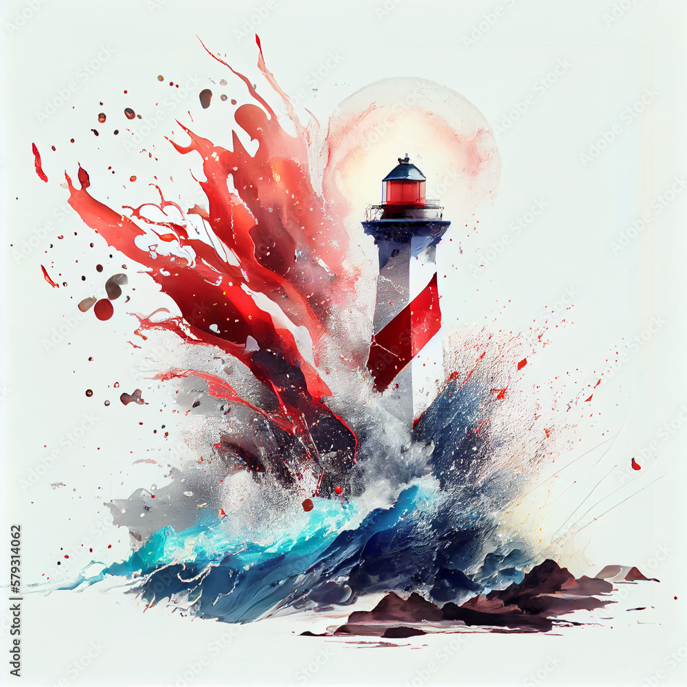 Poster lighthouse with multicolored paints splash. ai generative.
