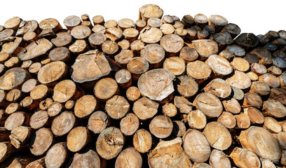 Close-up of a stack of pine tree trunks isolated on white or transparent background, photography, png.