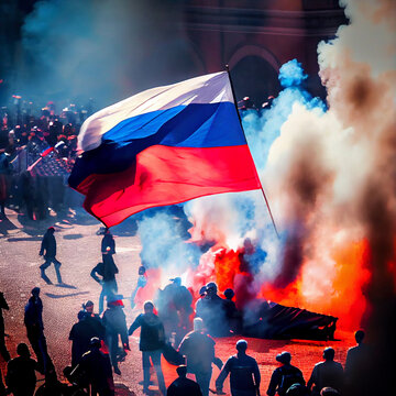 Protests in Russia. People fighting with flags at demonstration. AI generative.