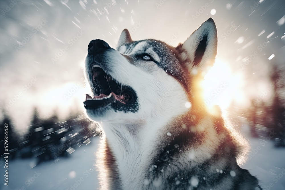 Aufkleber an enraged siberian husky dog in the snow. exposure to two different light sources (double exposure)