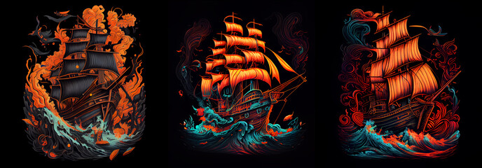 Illustration of colorful pirate ships. AI generative.