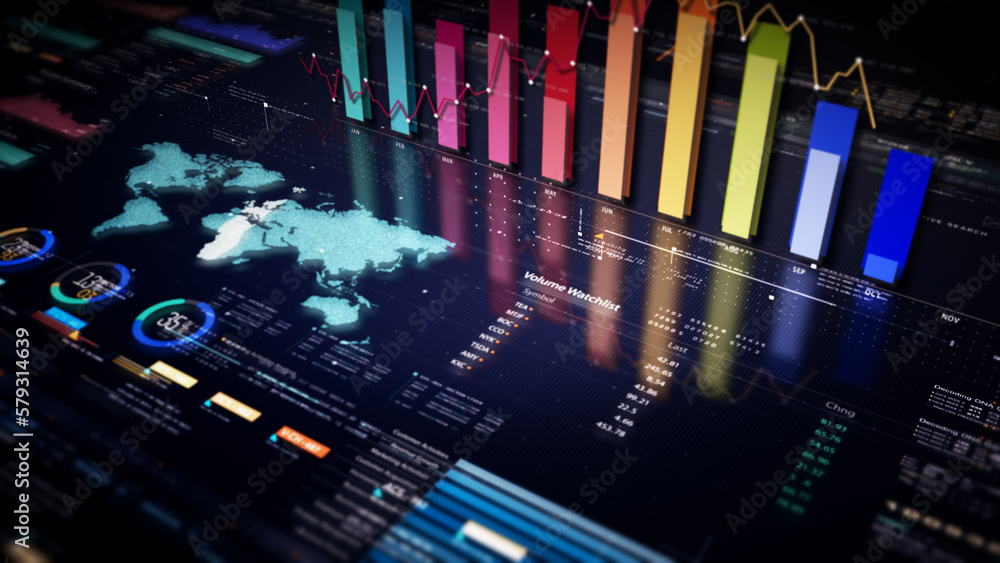 Poster business stock market, trading, info graphic with animated graphs, charts and data numbers insight a