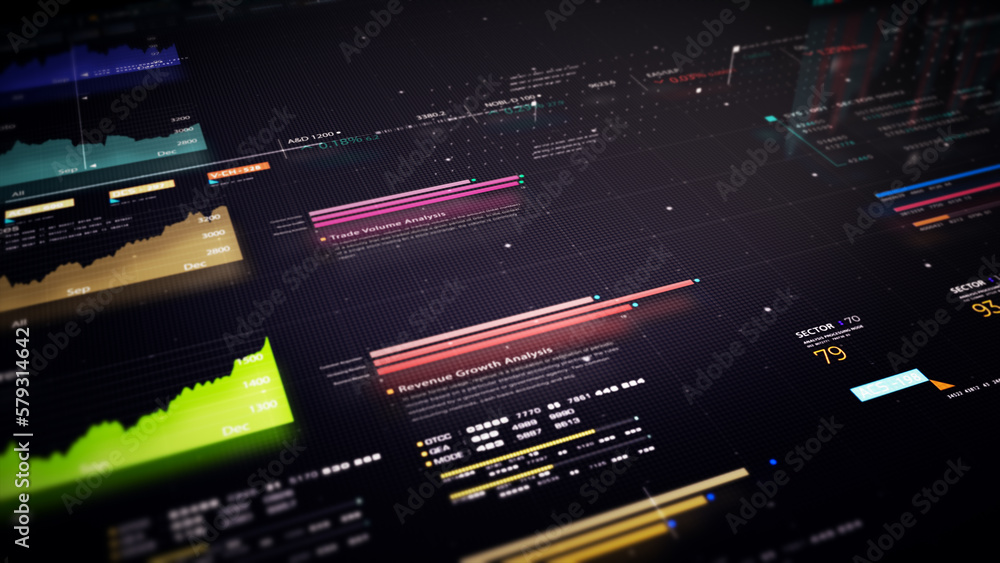 Poster business stock market, trading, info graphic with animated graphs, charts and data numbers insight a