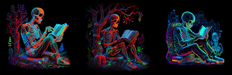 Multicolored skeleton reading a book. AI generative.