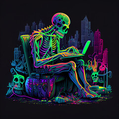 Colorful skeleton working on his laptop. AI generative.