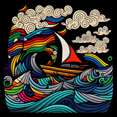 Obraz premium Small sail boat during evening storm with rain. AI generative.