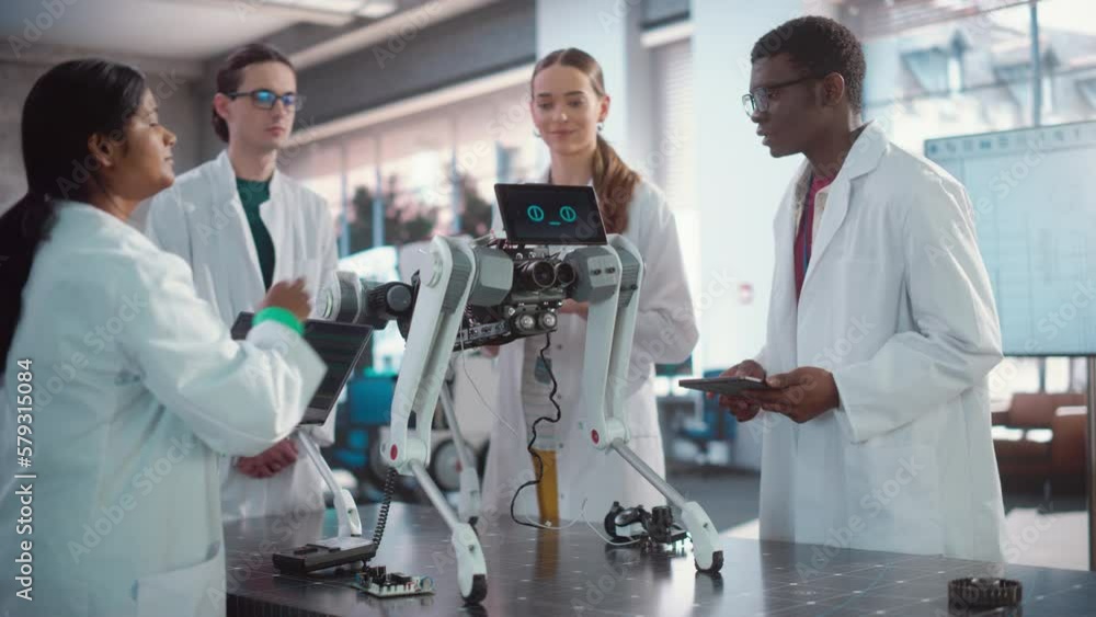 Aufkleber Diverse Team of Industrial Robotics Specialists Gathered Around a Table With a Mobile Robot. Engineers In Lab Coats Discussing an Automated AI Robotic Dog, Using Laptop and Tablet, Brainstorming