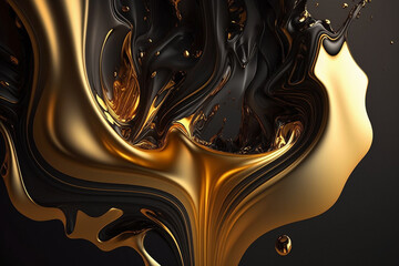 Luxury Gold Fluid Liquid Background with Gonden Metalic texture melted and flowing with a creative artistic look on a dark black background. Ai generated