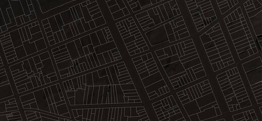 Urbanisme et territoire - plan cadastral avec limites de parcelles et bâtiments du centre ville d'une métropole sur fond noir