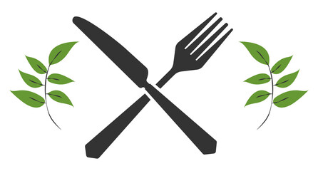 fork and knife. Cutlery fork spoon and plate with plants. vector sketch. hand drawing isolated	
