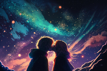 Starry Kiss: Romantic Anime Couple under the Open Sky. Generative AI