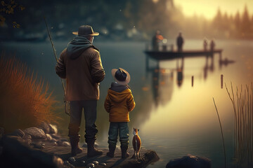 AI generated illustration of father and his child fishing