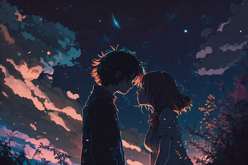 Starry Kiss: Romantic Anime Couple under the Open Sky. Generative AI