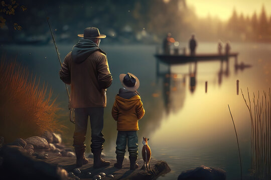 AI Generated Illustration Of Father And His Child Fishing