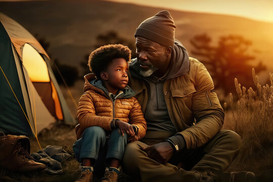 AI generated illustration of father and his child in the mountains, hiking and camping