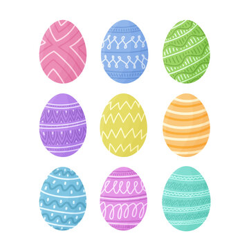 Set of colorful paint Easter eggs isolated on white. Traditional hand drawn ornament Easter eggs, cute pastel color painted eggs decor element, happy spring holiday egg hunt vector illustration.