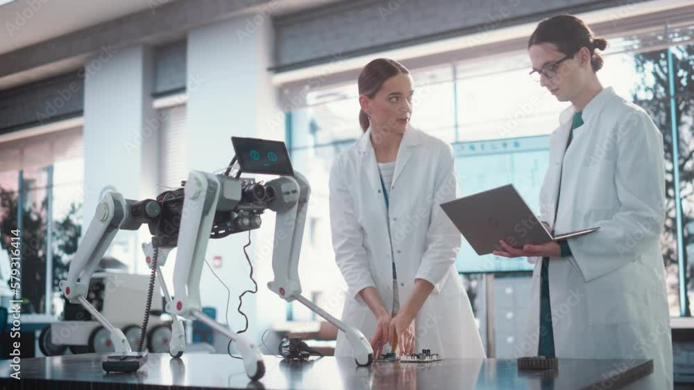 Aufkleber Male Project Manager and Female Machinery Operator Collaborate on a Mobile Robot Animal Project, Using Laptop Computer. Two Professional Engineers Brainstorming, Discussing Futuristic AI Pet