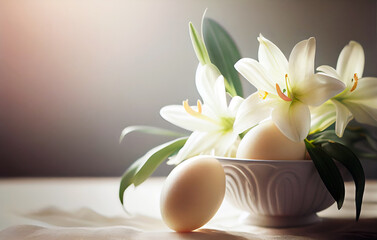 Obraz na płótnie Canvas Styled elegant Easter scene with white lilies and eggs. Created with Generative AI.