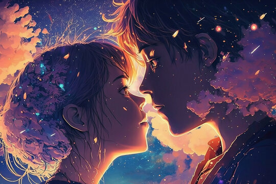 Starry Night Romance: Anime Couple Sharing a Kiss Under the Open Sky, Anime  Digital Art illustration for background wallpaper. Generative AI Stock  Illustration