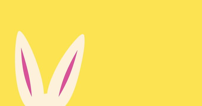 Animated bunny ears on yellow background. Festive Easter animation. 4K resolution funny bunny easter banner animation with copy space.