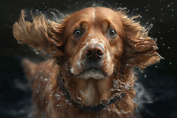 Wet dog head shaking off water while shaking his head. Dog shaking his head and splashing water all over. Ai generated