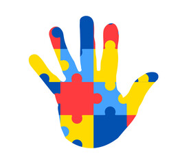 World autism awareness day. Colorful puzzle hand design sign. Symbol of autism. Medical flat illustration. Healthcare