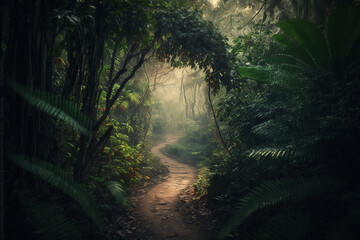 Path Trail on a luxuriant tropical Jungle forest with beautiful morning lighting. Forest trail in the Jungle. Ai generated