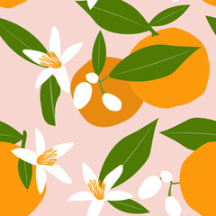 Blossoming of oranges. Citrus tropical fruits on a pink background with green leaves create a cute seamless pattern for printing on fabrics. Vector.