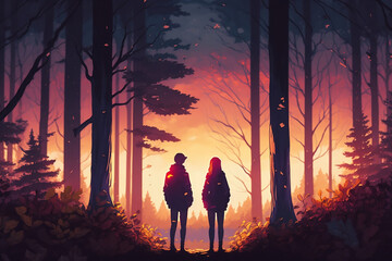 Anime Couple Watching the Sunset Amidst Nature, Anime Digital Art illustration for background wallpaper. Generative AI