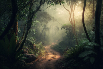 Fototapeta premium Path Trail on a luxuriant tropical Jungle forest with beautiful morning lighting. Forest trail in the Jungle. Ai generated