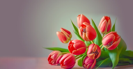 Bouquet of red tulips on pastel background. Generative AI