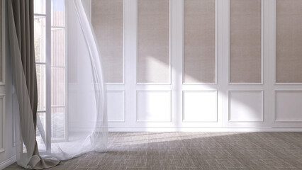 Empty luxury white wainscot wall room, folding glass panel door to backyard, blowing sheer curtain on carpet floor in sunlight, shadow for interior decoration, home appliance product background 3D - obrazy, fototapety, plakaty