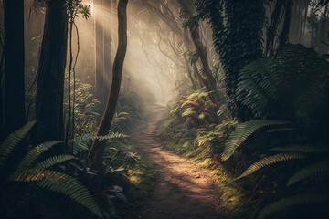 Path Trail on a luxuriant tropical Jungle forest with beautiful morning lighting. Forest trail in the Jungle. Ai generated