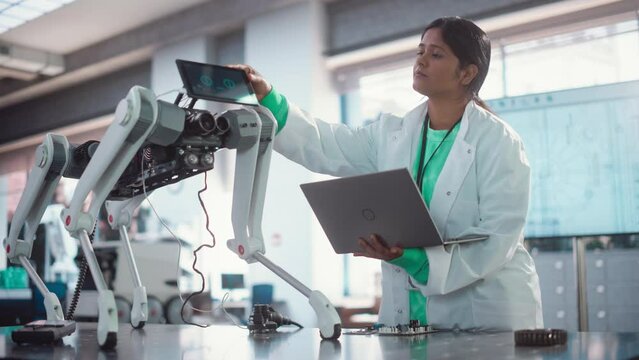 Young Indian Female Engineer Testing Industrial Programmable Robot Animal in a Factory Development Workshop. Professional Researcher in a Lab Coat Developing AI Canine Prototype, Using Laptop