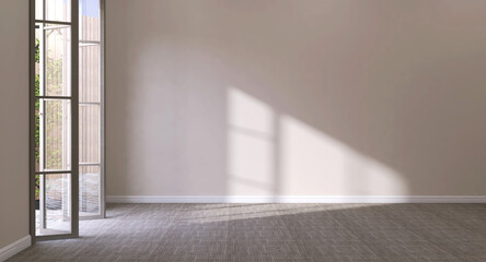 Empty luxury room with beige wall, folding door with glass panel to backyard, baseboard on carpet floor in sunlight, shadow for luxury interior decoration, home appliance product background 3D