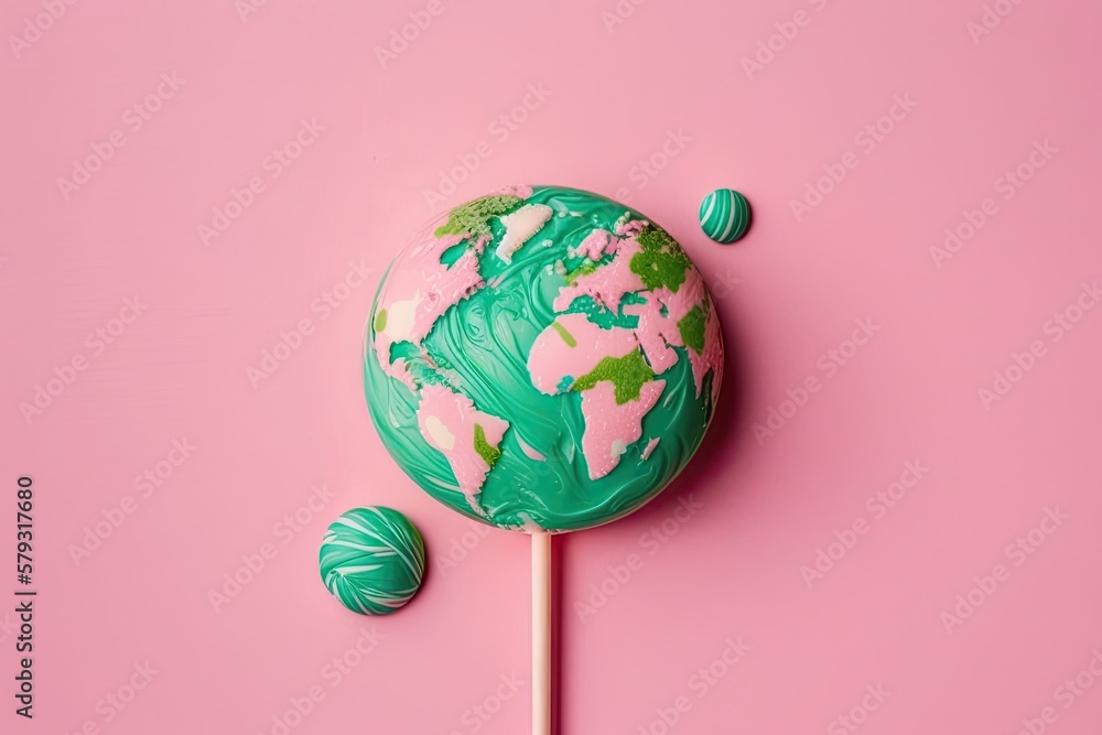 Poster lollipop globe on a soft pink background. an attempt at minimalism in the composition of the environ