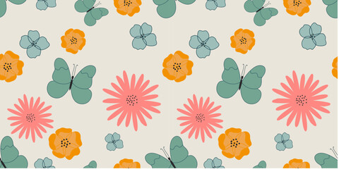 Seamless spring soft floral pattern. Easter flat vector pattern for fabric, textile, wrapping paper, cards ets. Spring flowers design. Vector print with cute flowers and butterflies.