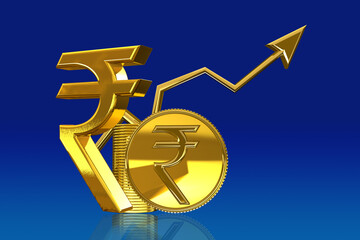 Golden Indian rupee sign and Indian currency coin isolated on 3d render. bearish and bullish golden arrow stock market background.