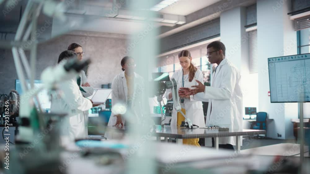 Poster young black male specialist leading his diverse team on an ai robot project in a facility laboratory