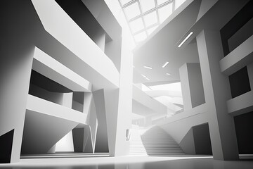 Interior Background with White Abstract Modern Architecture. Illustration. Generative AI